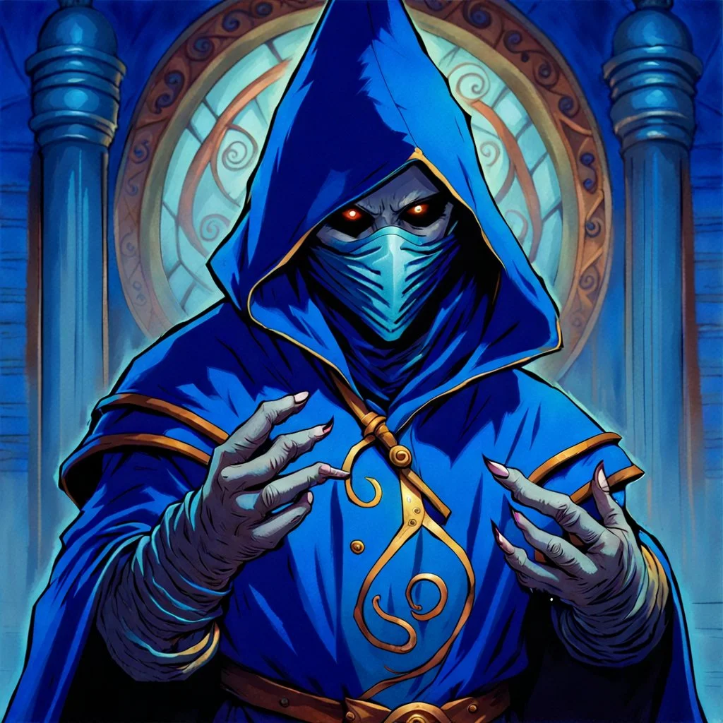 90's fantasy tcg art of a hooded man with a spiral mask in a blue circus