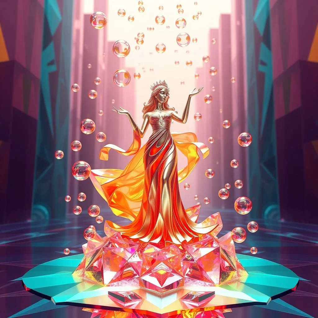 very complex CIFY structure ,pretty viberating color environment 3d metalic and crystal recursive evolving and animating beveled geometric base very complex CIFY structure emiting bubbles that broke, goddess of love in a pretty cleric dress comes out dancing gracefully , viberating color moving very in modern city escape environment while camera tracking it.write in down screen 3d animating"Made in Grok By:J.Babakan"