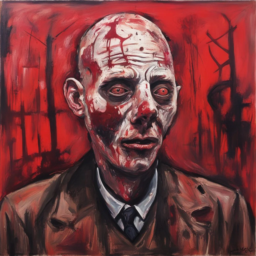 Mr Gein wearing his dead skin mask, dramatic, horror, by Jonathan Meese, 2D loose stroke oil painting, scary crimson hues, impressionism