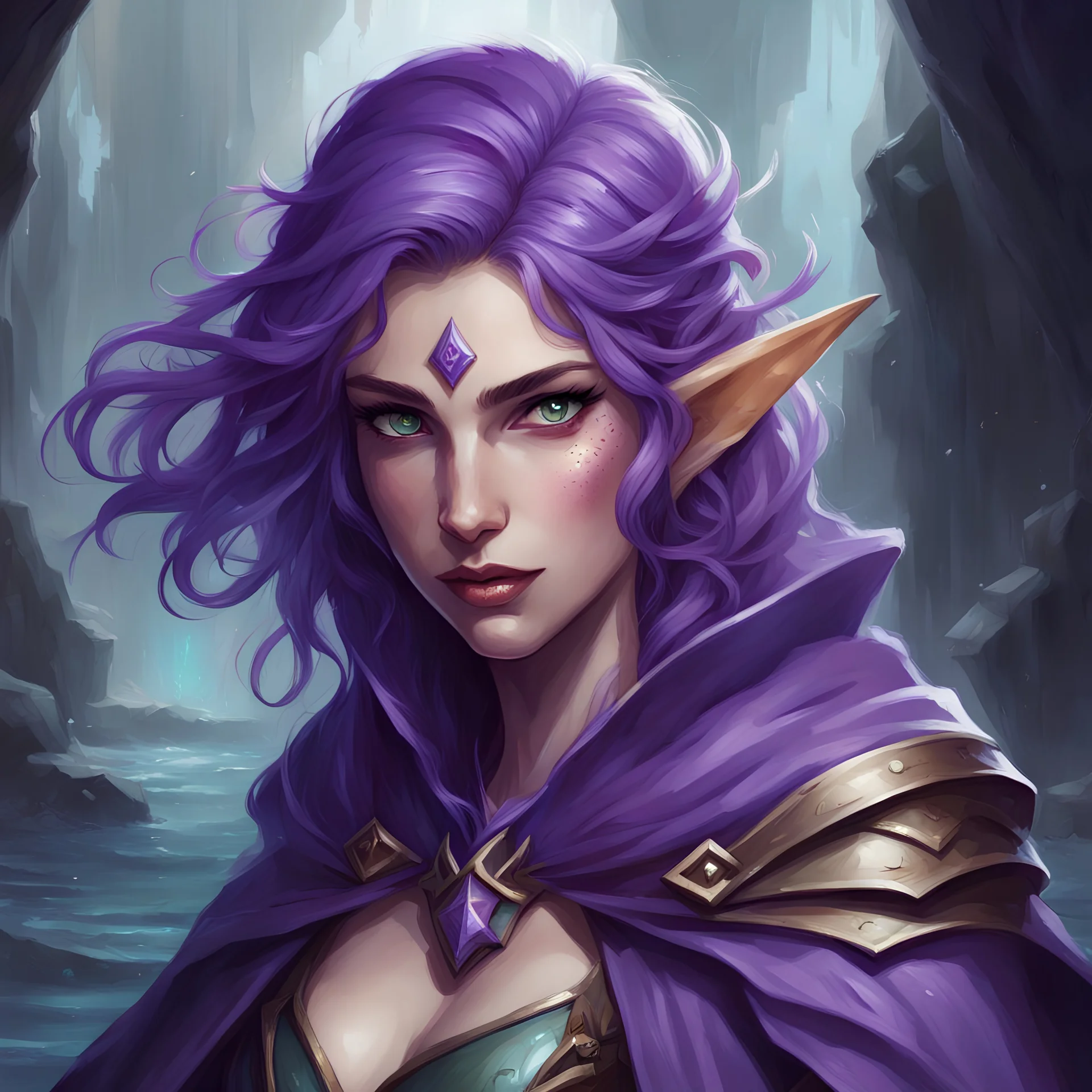 dungeons & dragons; portrait; aquatic elf; female; wizard; wild magic; purple hair; violet eyes; cloak