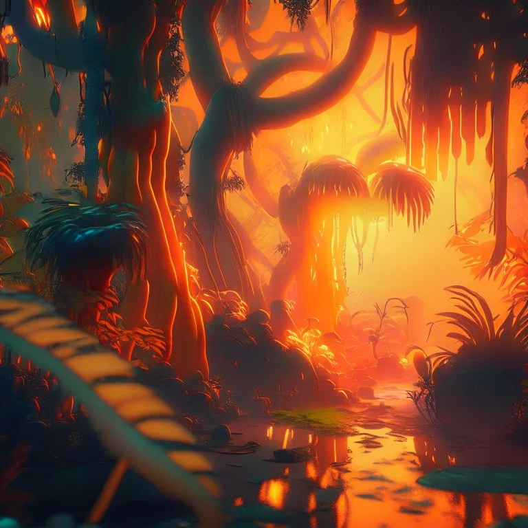 fantasy jungle at sunset, covered with glowing orange slime, photorealistic, unreal engine 5, masterpiece, trending on artstation, sharp focus