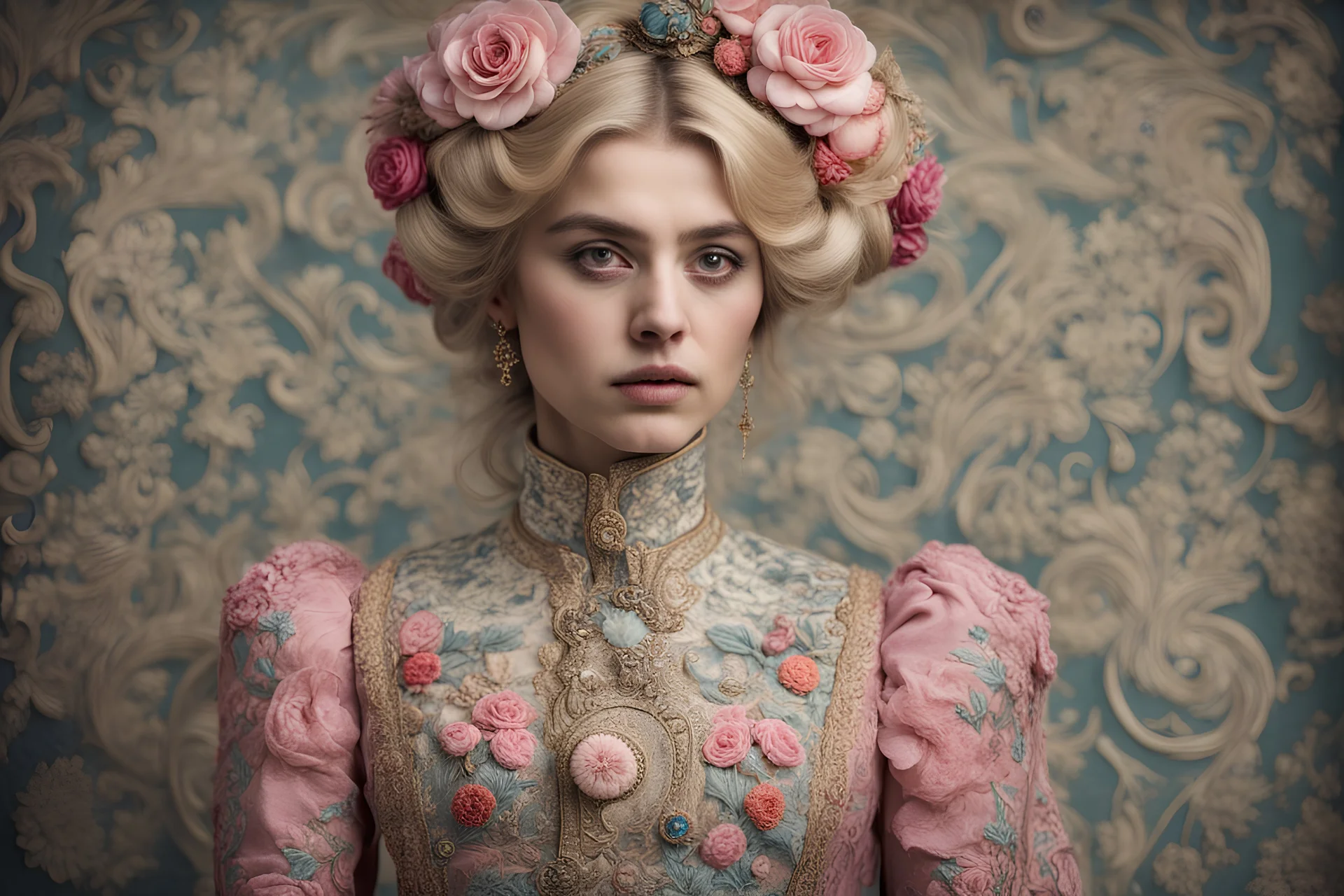 Austrian simbolism, a beautiful victorian girl blonde iranian ACTRESS, wears a Surrealist Armenian embroidered avant-gard fashion, ornamental details,caravaggism, with bubblegum