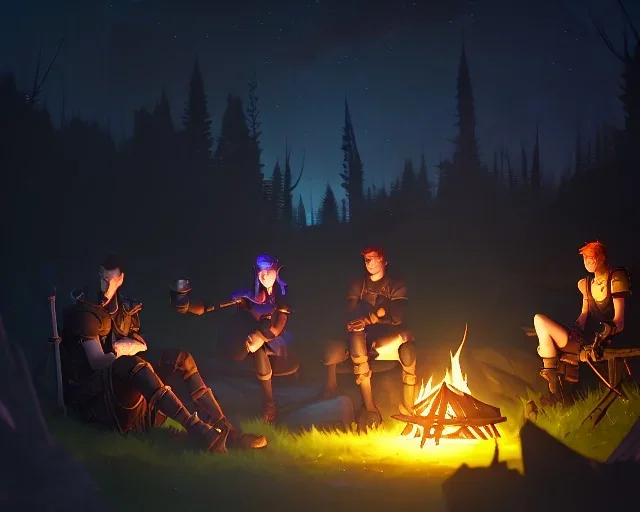 Adventurers resting around a campfire with a cooking pot in a forest clearing at night, starry sky, dark fantasy, high detail, high definition, big adventuring bags