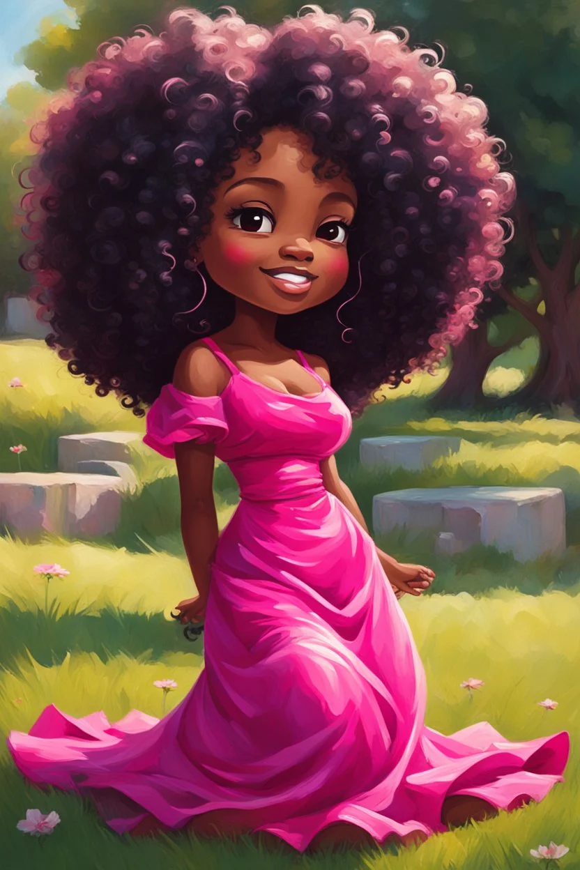 An expressive oil painting image of a chibi black cartoon of a curvaceous woman with flowing of tight curly afro of black hair that's highly detailed, wearing a hot pink maxi dress. She sits relaxed on the grass facing the warm sunlight, which illuminates her face as she looks to the side with a small smile, accentuating her prominent makeup and brown eyes. with green and hot pink roses all around