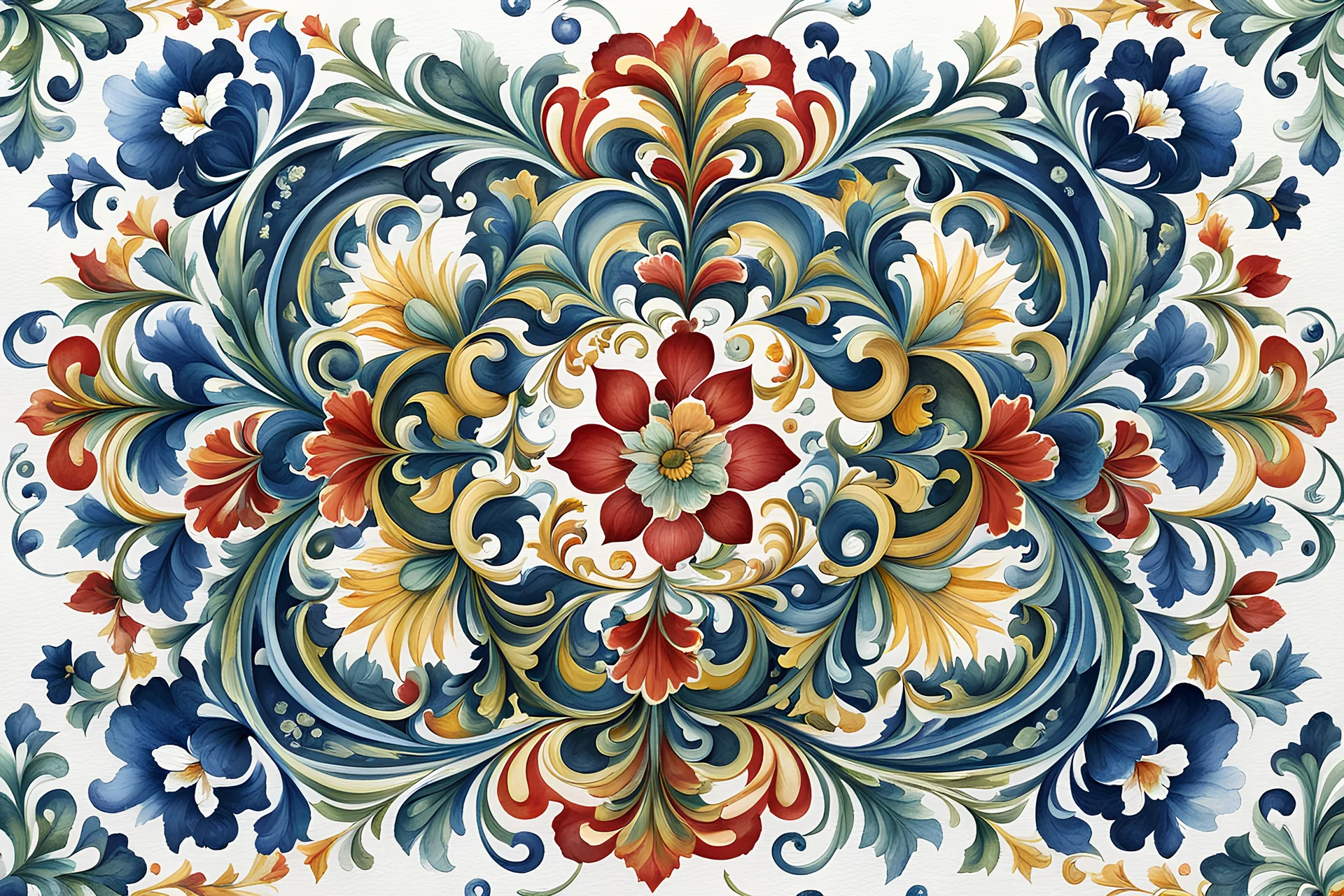 Intricate, masterful and repeating Valdres-style rosemaling design inspired by Sigmund Aarseth, traditional blue, green, red and yellow colors, on a white background, minimalist, line art, Watercolor, trending on artstation, sharp focus, studio photo, intricate details, highly detailed, by Sigmund Aarseth