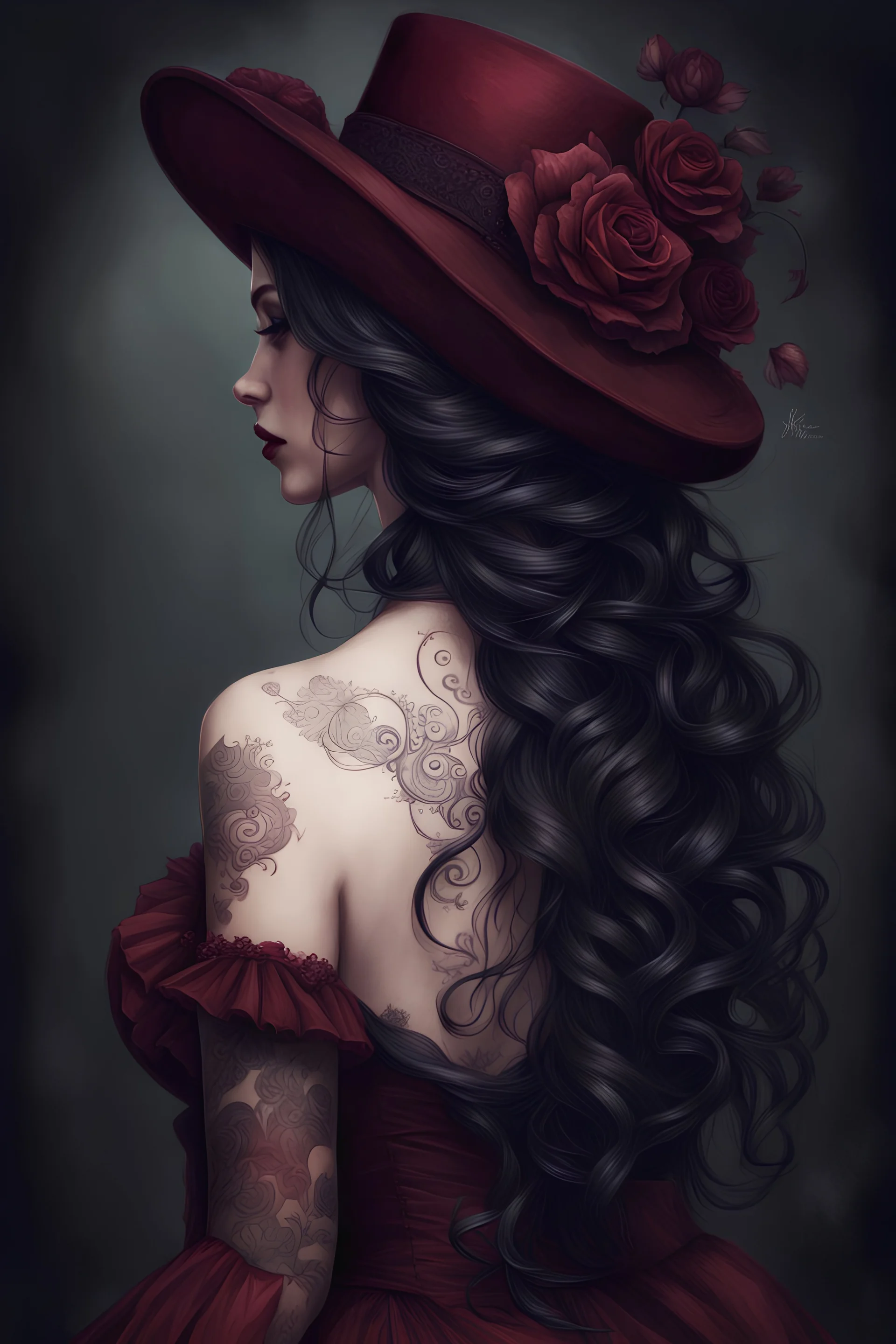 victorian gothic girl in a hat, white skin, beautiful wavy long black hair, burgundy Victorian dress with an open back, tattoos on the back, Trending on Artstation, {creative commons}, fanart, AIart, {Woolitize}, by Charlie Bowater, Illustration, Color Grading, Filmic, Nikon D750, Brenizer Method, Side-View, Perspective, Depth of Field, Field of View, F/2.8, Lens Flare, Tonal Colors, 8K, Full-HD, ProPhoto RGB, Perfectionism, Rim Lighting, Natural Lighting, Soft Lighting, Accent Ligh