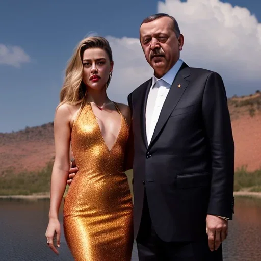 Amber Heard with Recep Tayyip Erdogan, closed eyes, rtx, reflection, 8k, glow, winning photography, caustics
