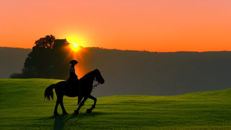 Silhouette of a lone horseback rider on the green hill at sunrise