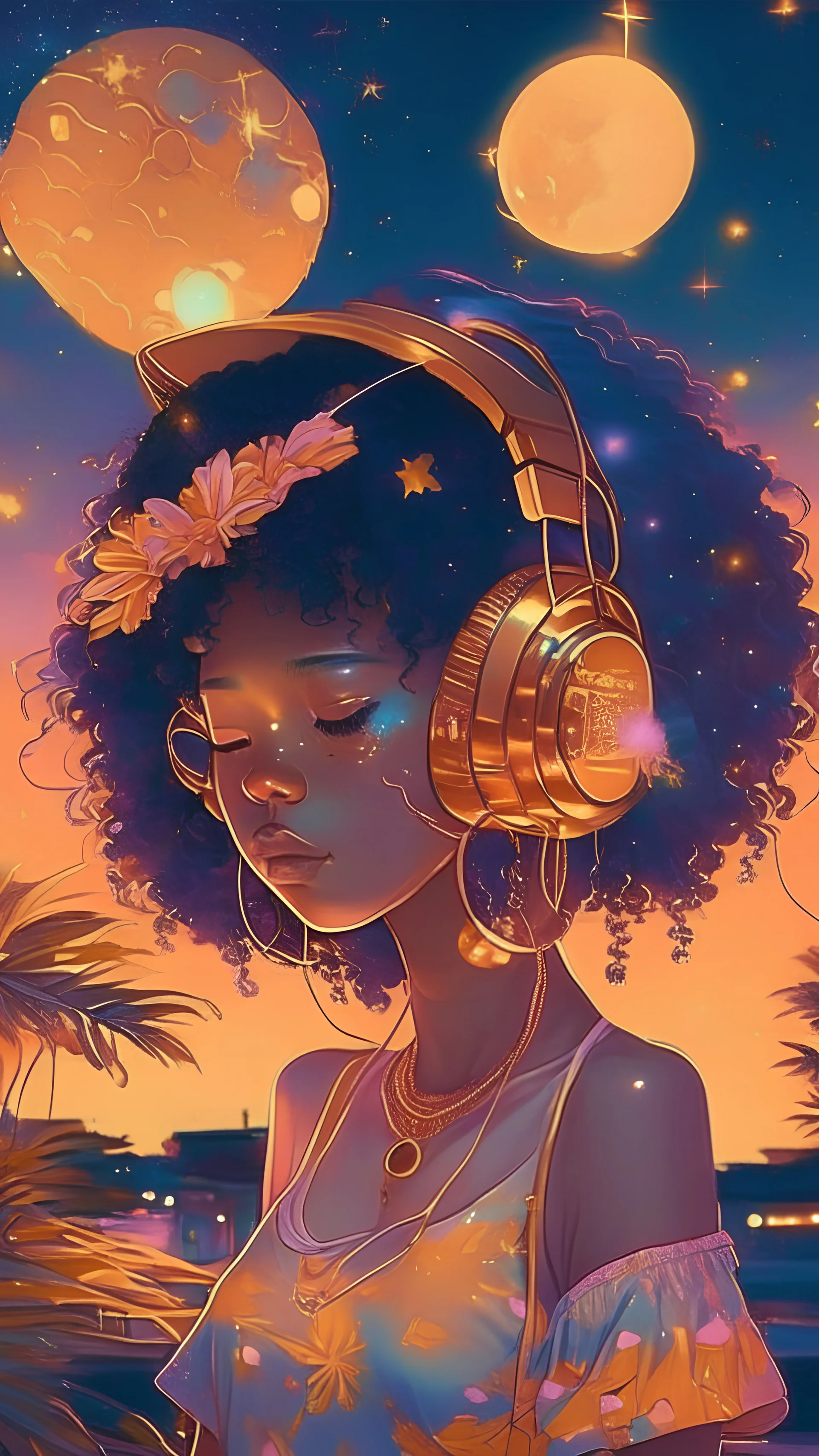 universe meets summer night, soulful asian girl, afro, gold jewellery, hat, headphones, music, lofi tones, lofi hip hop vibes