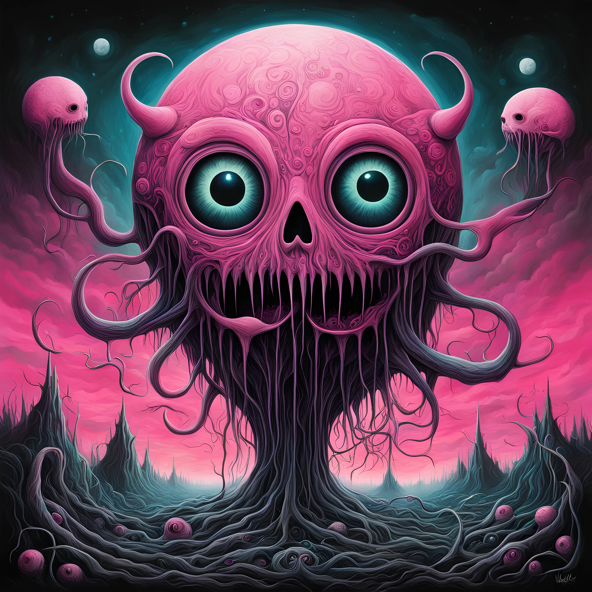 embryonic moon gloom, strange gurgling whisper low, morbid, surrealism, creepy, artistic, by Wotto, by Jeff Soto, bright vivid colors, cel shaded, existential angst, sharp focus, sinister, abstractions, pink Floyd album cover art