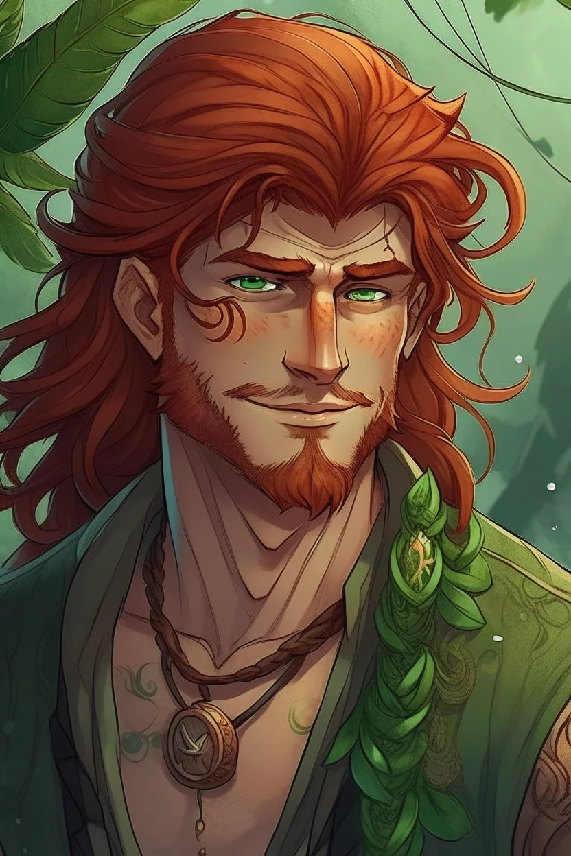 rugged wet pirate nereid male with auburn hair and seaweed