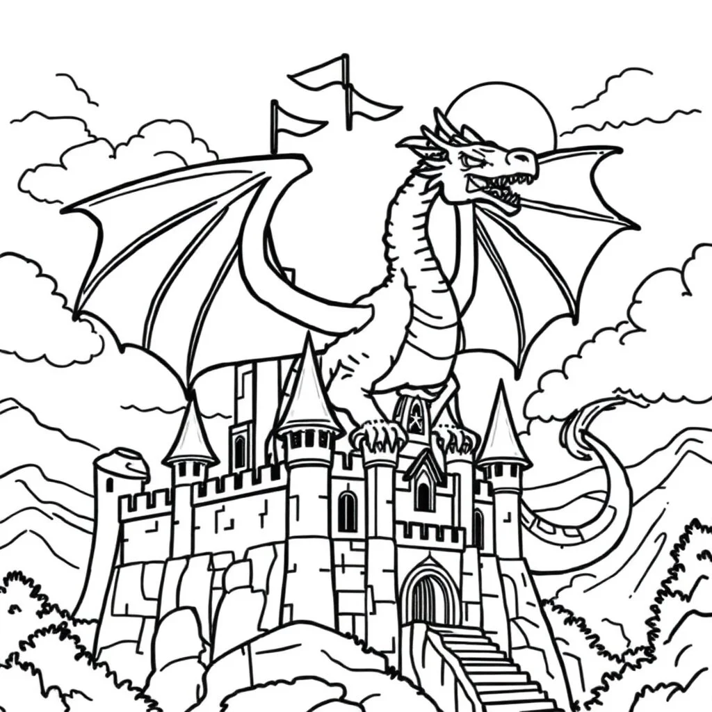 bold and easy fantasy dragon on the castle coloring page. Each has very thick black outlines, making the details simple and fun to color.