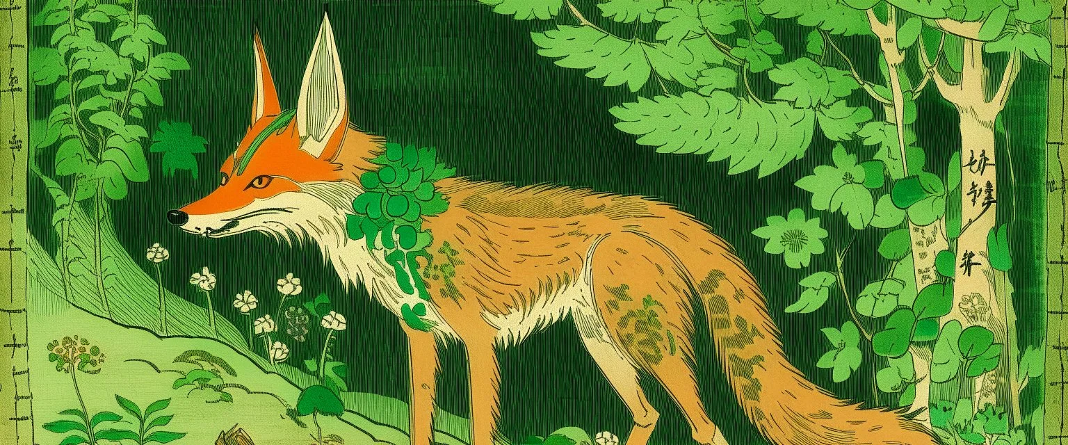 A green nature elemental coyote designed in Bayeux tapestry painted by Utagawa Hiroshige