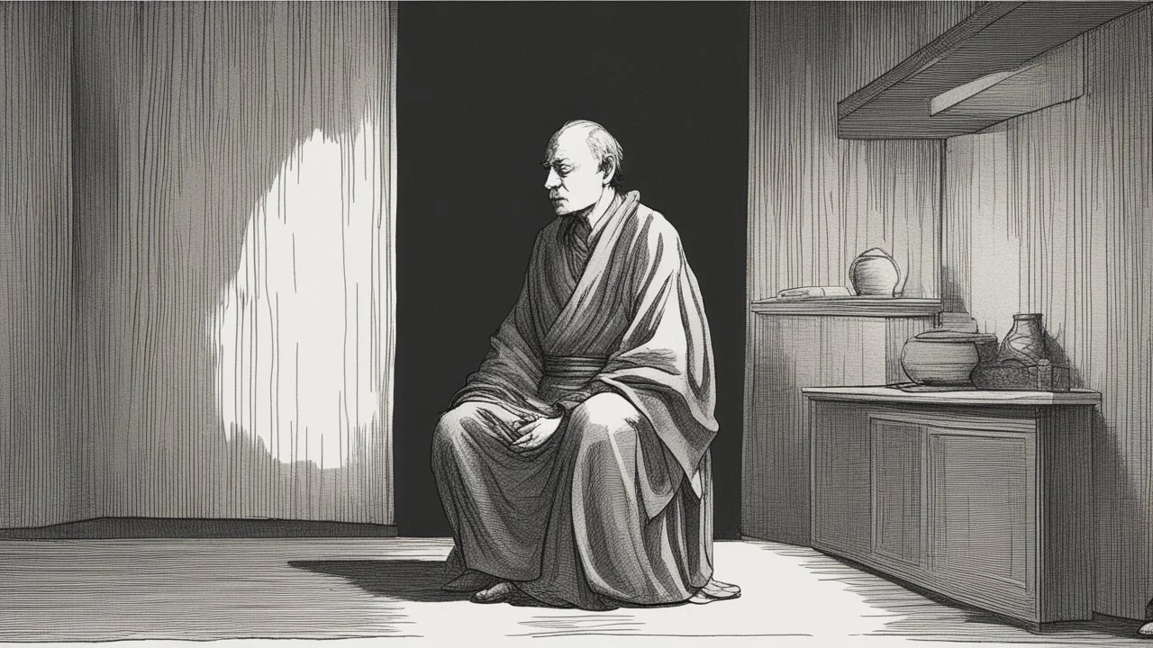 ، يظهر رجل جالس على كرسي في غرفة مظلمة. وجهه غير واضح، لكن يمكن رؤية عينيه مغمضتين. الرجل يرتدي ملابس سوداء، ويبدو أنه في حالة من الهدوء والتأمل.