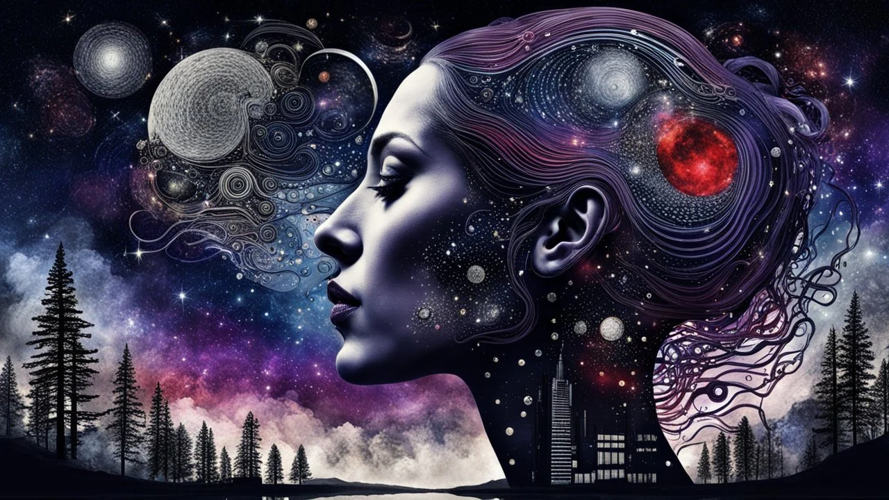 Double exposure of a female person's profile and a utopistic starry night sky, dramatic mood, dark depressive style, highlySurreal reflection, dark, melancholic, purple, gray, red, black colors, surreal abtractions, strange things, Kandinsky world detailed intricate, surreal, stunning,