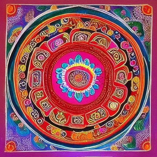 spiritual conscious Indian architecture in Tibetian painting style with rangoli