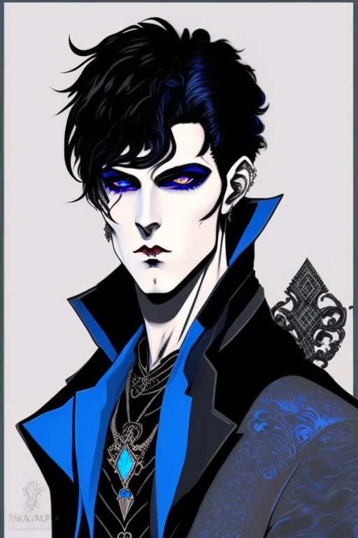 black haired blue eyed young man necromancer with gothic jewelry in the style of nagel