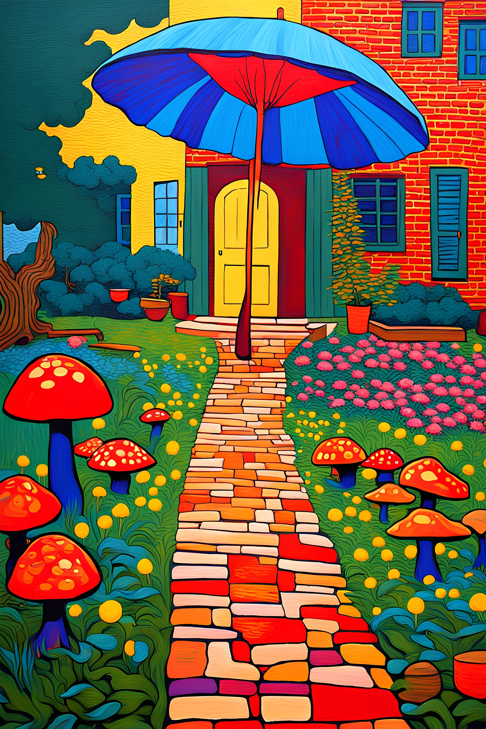 painting of a psychadelic colourful natural courtyard with brick road and grass, flowers and trees, mushrooms, round coffee table with shade and umbrella by van gogh and andy warhol infusion. mysterious