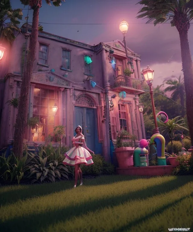 Wes Anderson photographer, Ultra realistic garden night scene, portrait, wide angle view :: carnival woman and sweet inflatable monsters, carnival dress style, feather color, free jumping, soft color, highly detailed, unreal engine 5, ray tracing, RTX, lumen lighting, ultra detail, volumetric lighting, 3d, finely drawn, high definition.