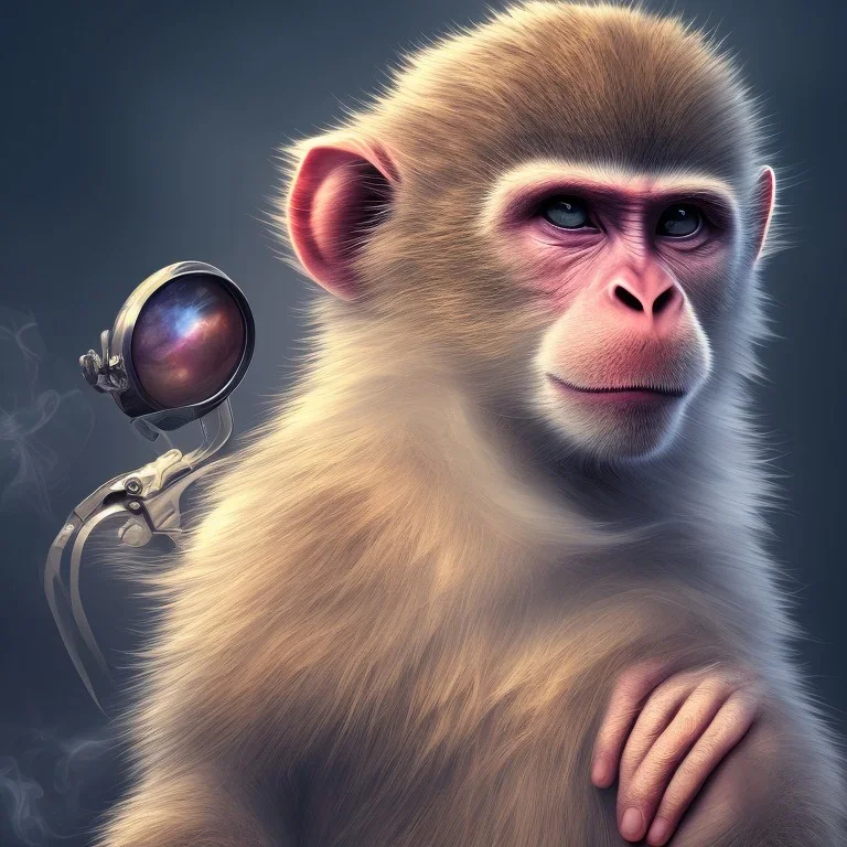 a smart monkey on a mountain, cartoon, dramatic light, close up, smoky background, cinematic