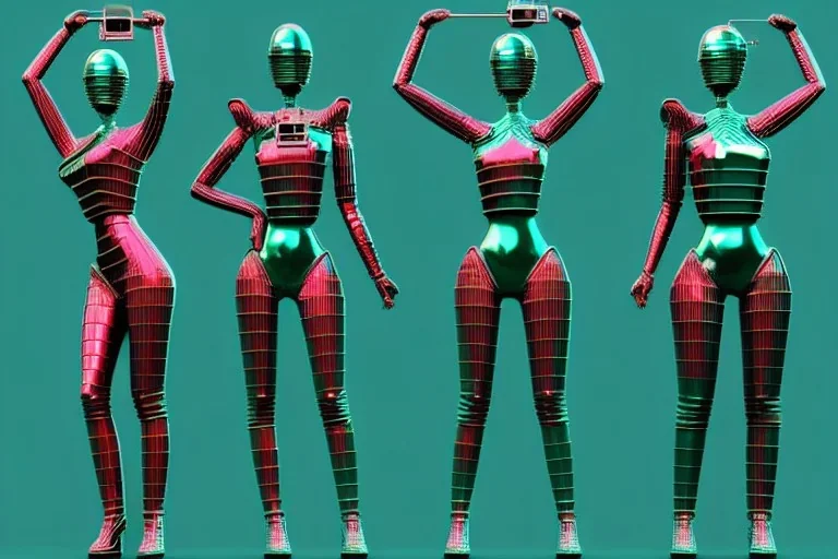 Dark green to cyan metal surfaces body paint. partly coverage metallic. Slim bodies and big butts, man and hot Russian military girls marching. Old-fashioned cameras integrated to heads. structure Cyber-punk. Attached telephones. Dystopia perfect body. Red&blue 3D-tiling. Dystopia. Partly symmetrical in relation to machines. Perfect golden ratio in vertical and horizontal directions. Bending time-space-continuum. Polyhedron in 5th dimension Tessellation in 4-dimension elongated frog finge