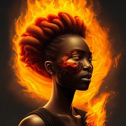 3D. Detailed Painting .realistic. Dark skin women. Beautiful. the faces of two young black women. Warm. Fire nymphs emerging from the flames.red.. Energy. Focus. THeir hair looks like smoke .smoke curling. Dreadlocs. Their skin is the colour of charcoal . Their hair moves like smoke. . their clothing is made of flames, red. Orange. Yellow. White and gold