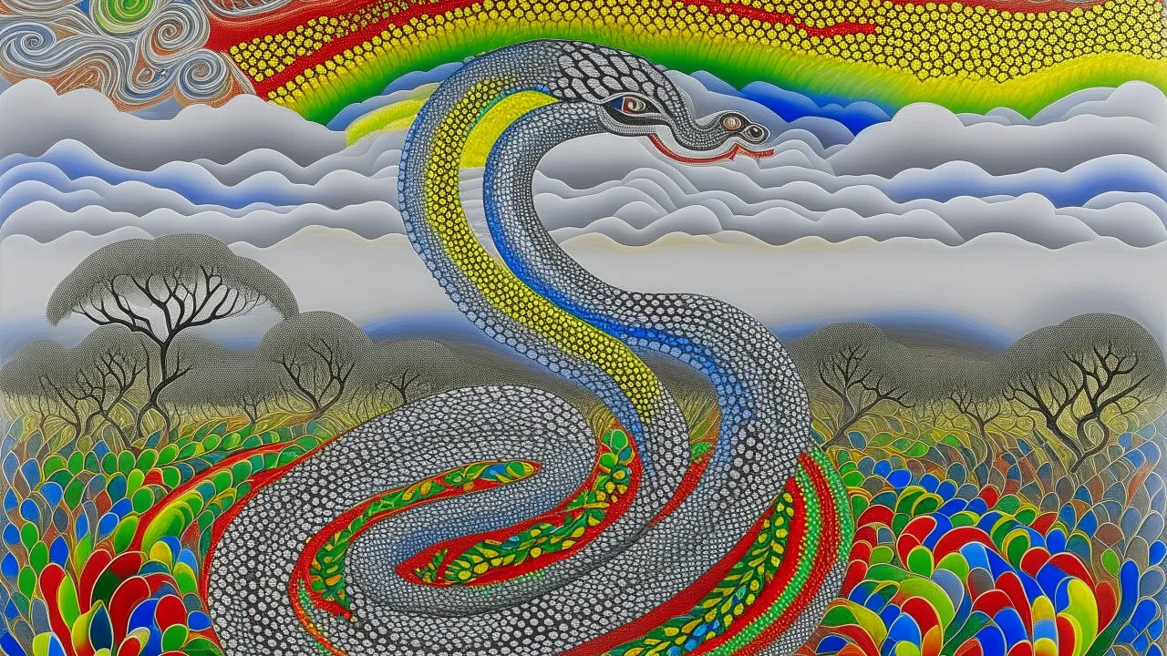 A light gray sky with rainbow serpents designed in Australian aboriginal art painted by Xul Solar
