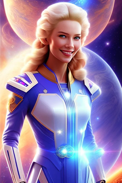 young cosmic woman smile, admiral from the future, one fine whole face, large cosmic forehead, crystalline skin, expressive blue eyes, blue hair, smiling lips, very nice smile, costume pleiadian,rainbow ufo Beautiful tall woman Galactic commander, ship, perfect datailed golden galactic suit, high rank, long hair, hand whit five perfect detailed finger, amazing big blue eyes, smilling mouth, high drfinition lips, cosmic happiness, bright colors, blue, pink, gold, jewels, realistic