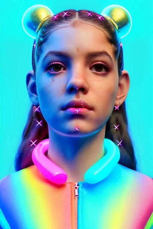 Rosalía artist, Realistic image, natural waist up portrait. Eyes, glow, circle, eye liner. sweet face, pigtails hair, spray line make up, glow. lips, gold. big rings piercing, led ornament, pearls. inflatable latex coat, cold, led lights, minimal, neon, pink, blue, gold, vibrant color, highly detailed, art stations, concept art, smooth, unreal engine 5, god lights, ray tracing, RTX, lumen lighting, ultra detail, volumetric lighting, 3d, finely drawn, high definition, 4k.