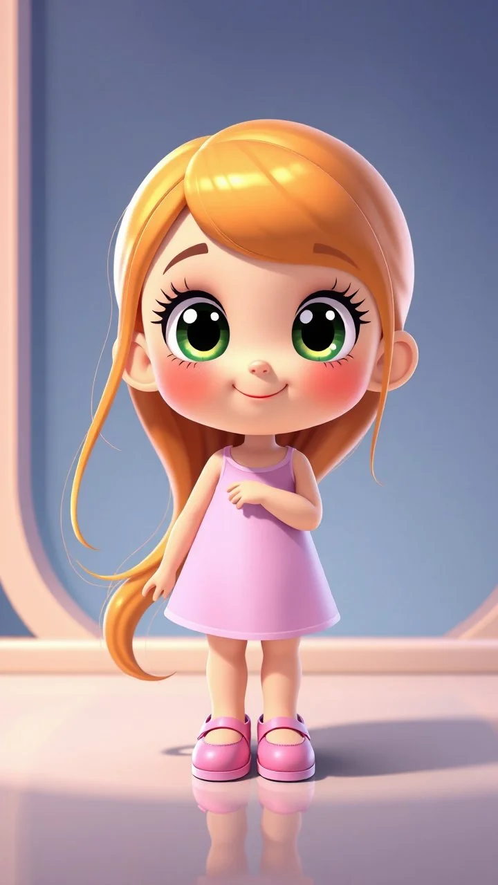 A beautiful, adorable cartoon little girl. Long shiny hair, large sparkling eyes (like anime or Disney characters), a small face and delicate nose. A happy, innocent expression with a small smile standing in modern stage with prettyy shoes. Clean design, vibrant and warm colors, modern studio animation style, 4K quality.