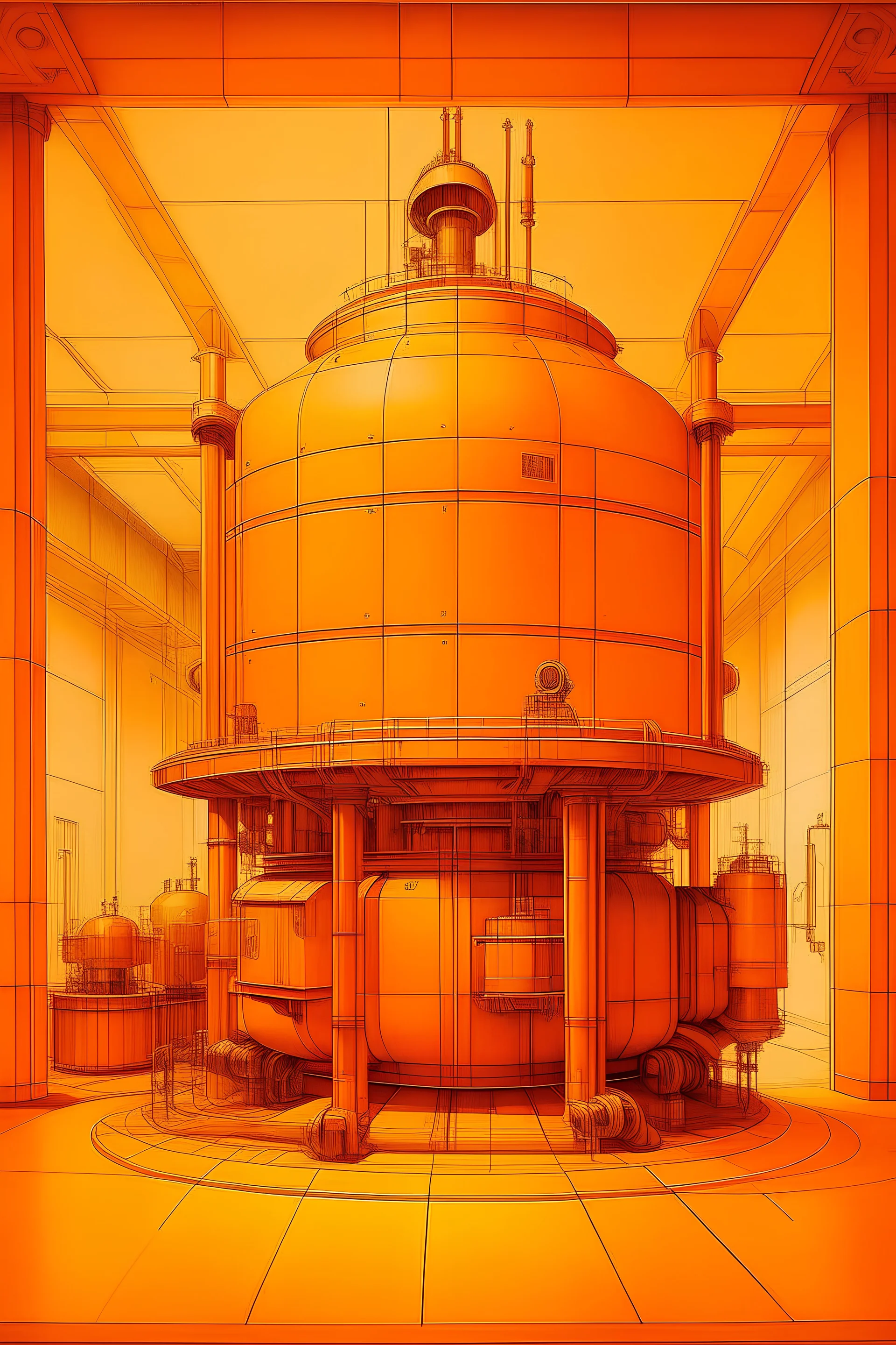 An orange robotic factory painted by Leonardo da Vinci