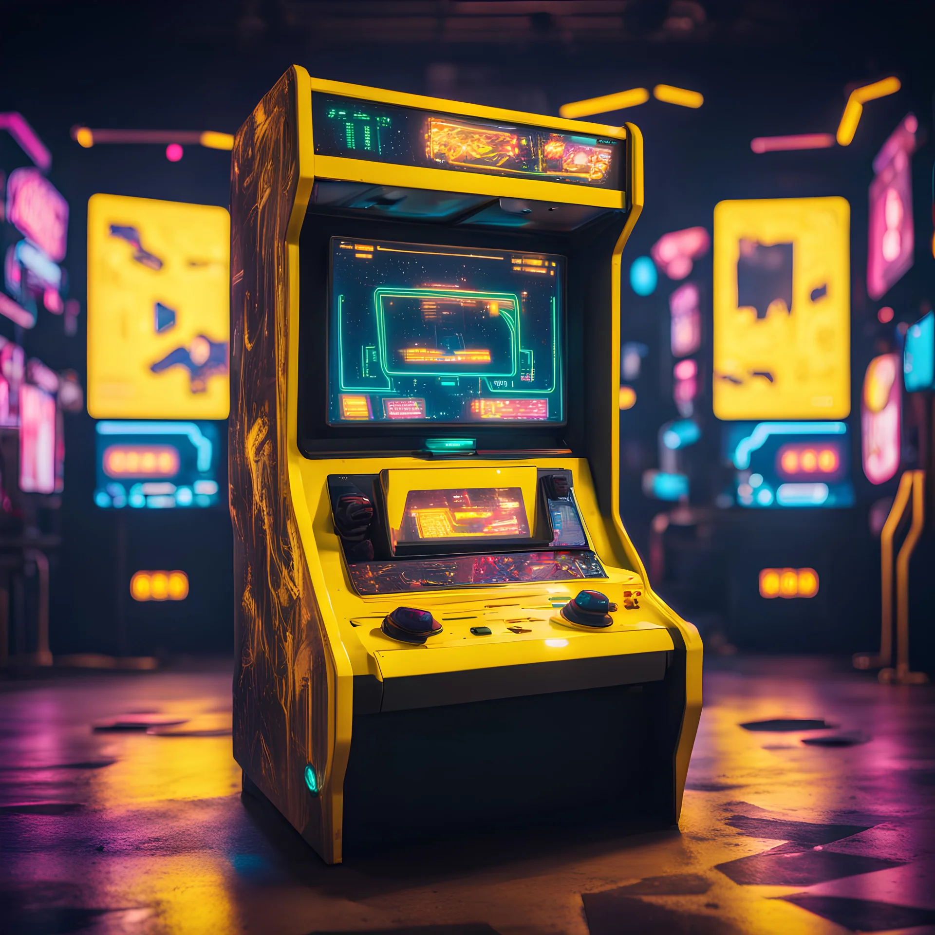 arcade machine screen facing forward, cyberpunk style, yellow colors