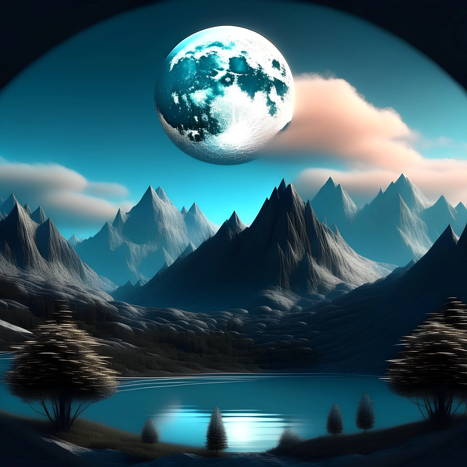 Mountain, moon, landscape, tree's and water