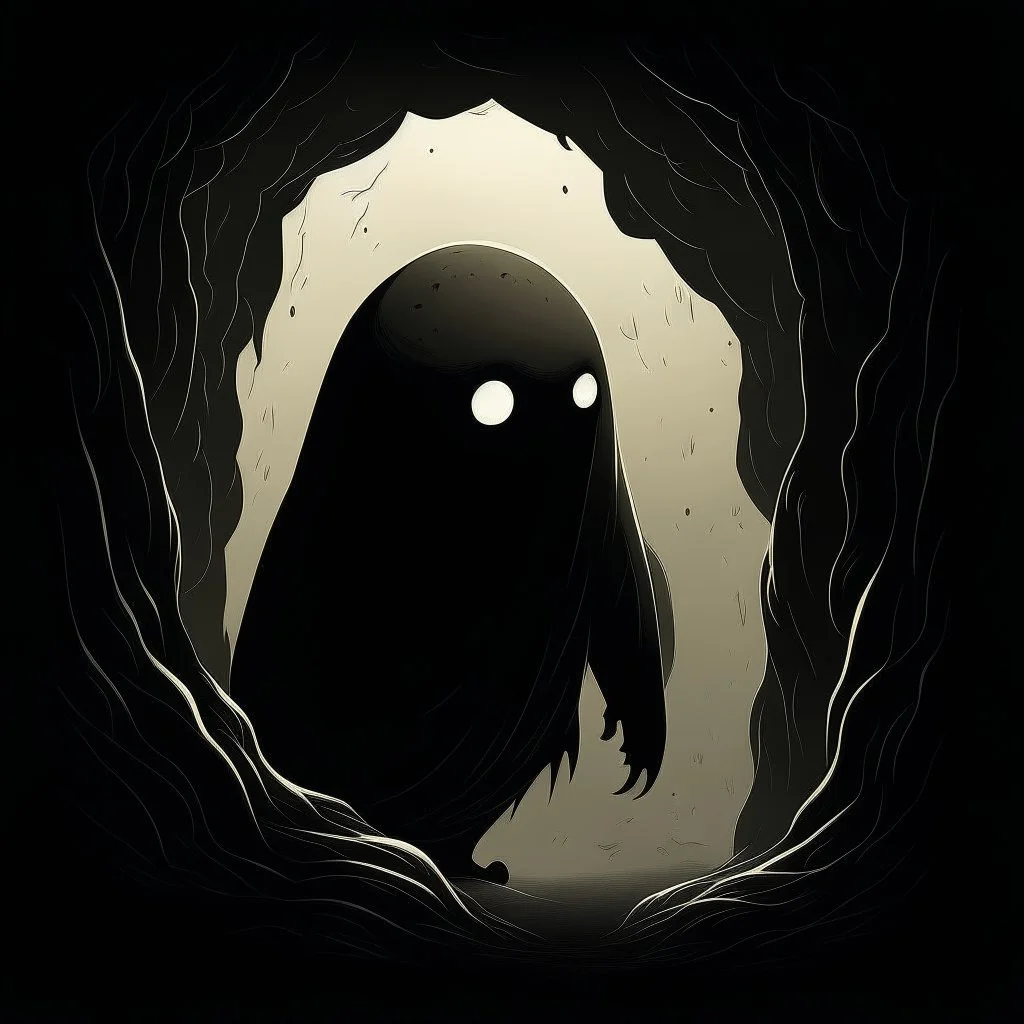 Knobblers Gob, creature hiding in shadows, profound, dramatic, fantastical illustration, minimalistic, creepy