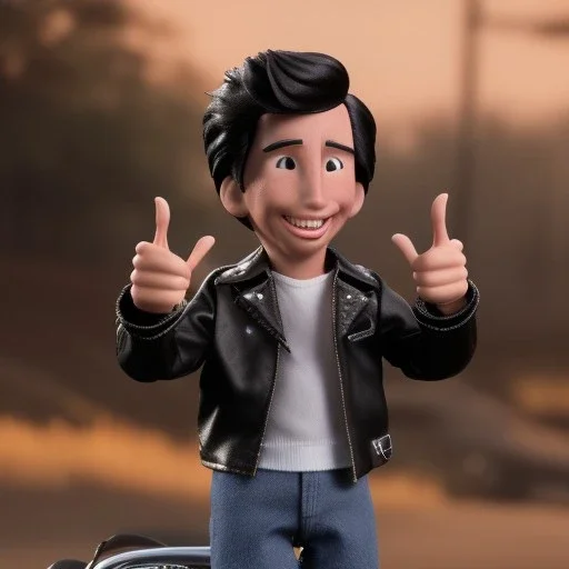 wide view young Fonz with black hair greaser figure doll 1990 (thumbs-up) (face) Forehead grin, fonzarelli, ((arnold's drive-in)) fonzie