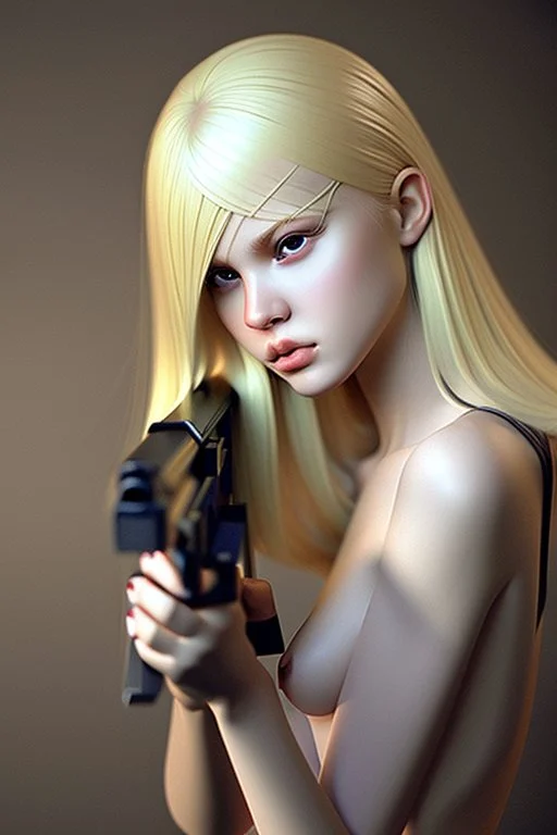 blonde woman with gun, photo realistic, highly detailed, high contrast, extremely sharp detail