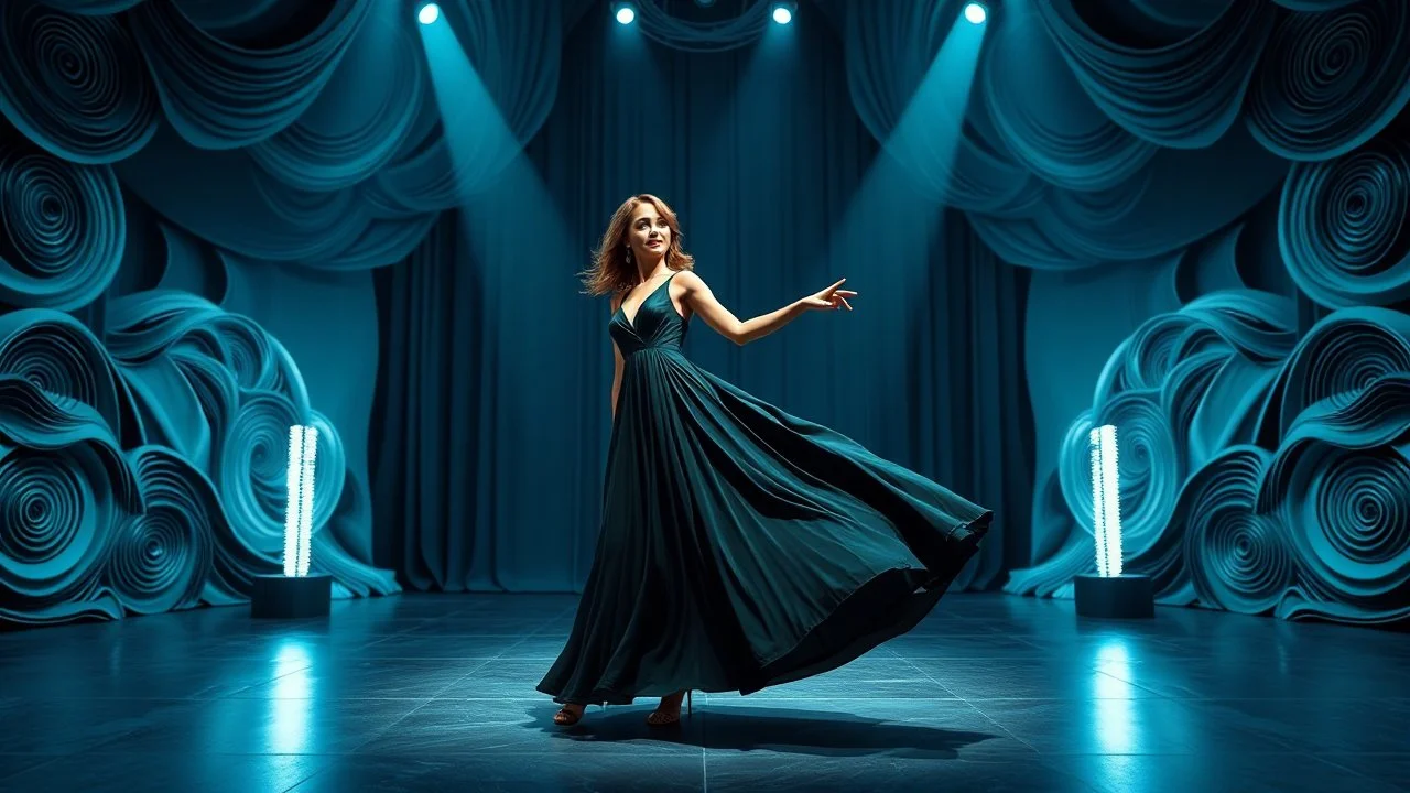 modern stage with gray-blue theme artistic decoration , color full dynamic lighting, a beautiful lady in modern maxy dark dark green dress with shining silver jwells dancing, 3D recursive fractal structure animating background