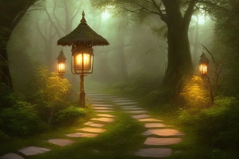 wooded forest stone lantern path