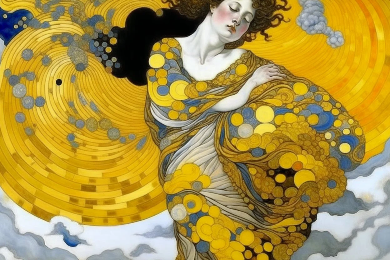 A swirling storm high above the sky with a giant beautiful woman painted by Gustav Klimt