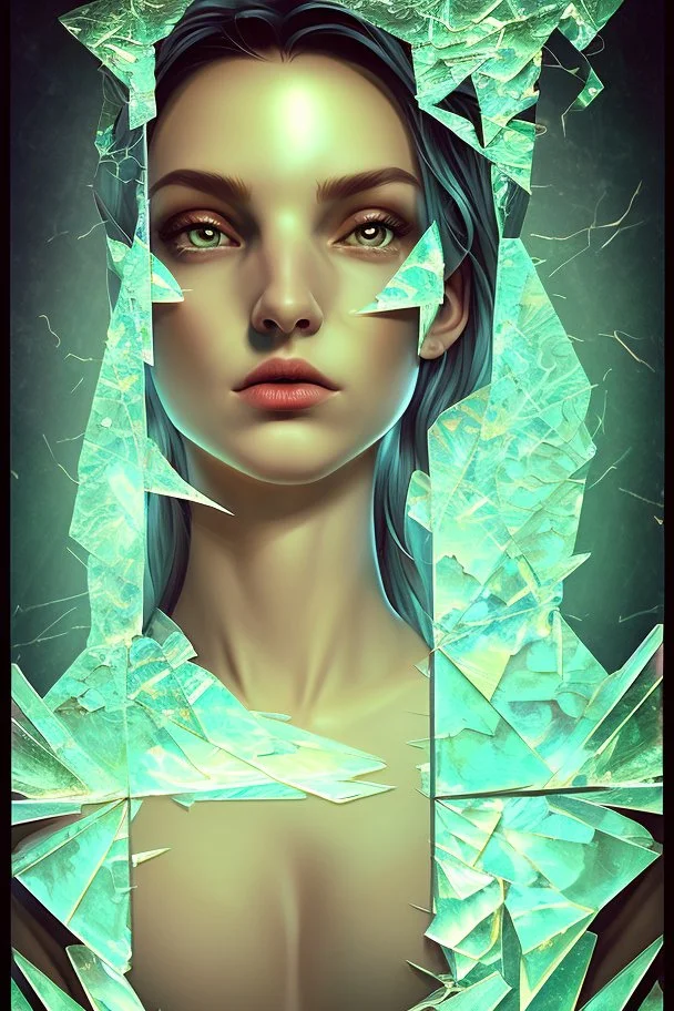 "fantasy goddess of mirrors", reflective, shatter, crash, broken glass, full portrait, finely drawn eyes, 8k resolution