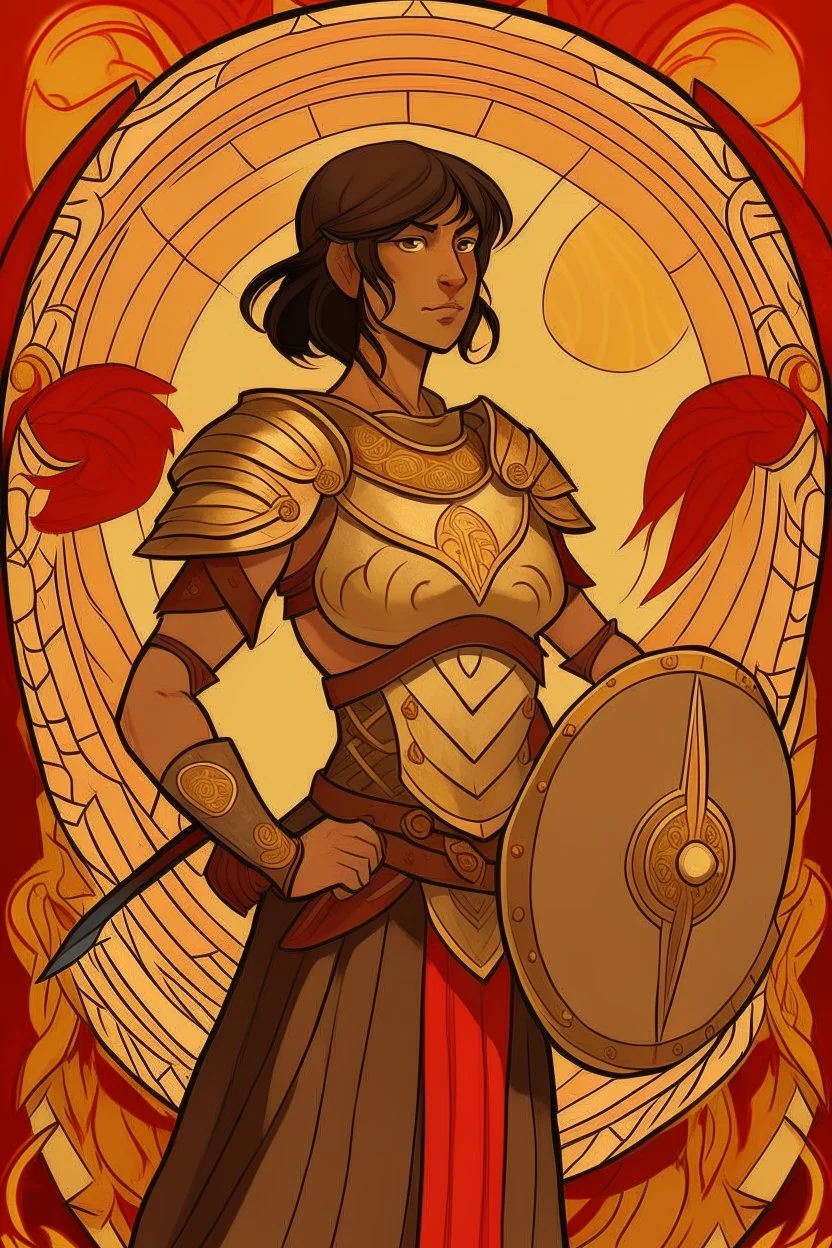 an anime drawing of a 40 year old thai woman. dark tan skin, toned and muscular. short in height. dark brown hair in a bob cut. she is wearing an armour over a beautiful thai gown. she has a sun themeing. and the color scheme is red and yellow. she is holding a shield and a sword