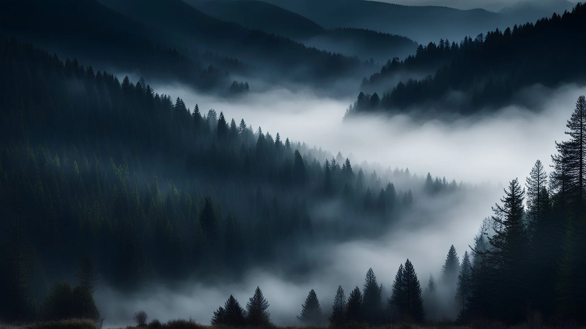 fir forrest,night in a valley,mist shadows,spring season,reflections,dramatic scene