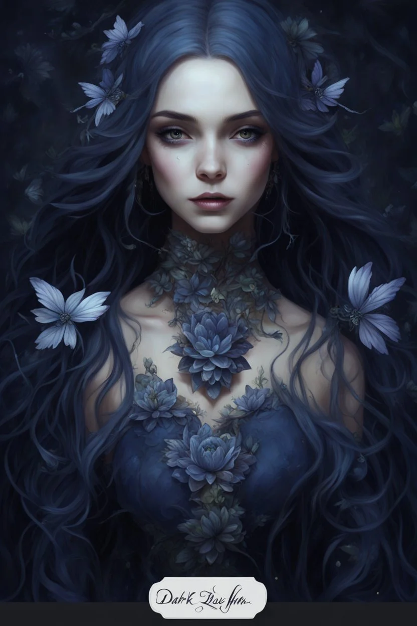 Dark blue hair, Water lilies long hair lotus night Fairy princess rapunzel hair queen crown dragonflies fireflies elven tiara flowers fairy wings gothic dark blue