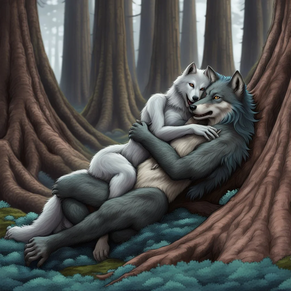 an anthropomorphic wolf-man hybrid in dark gray body hair and anthropomorphic wolf-female hybrid with pale gray body hair lie down hugging each other with paws on their backs on blue-green moss around brown huge trunks trees, raini day, high contrast, high detalied, high realistic, around in background giant tall alien trees, atmospheric, dark fantasy, sci-fi mood