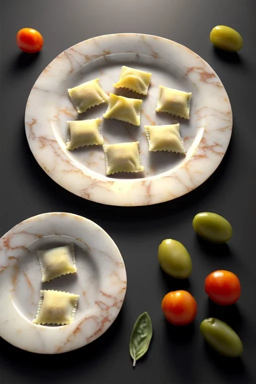 Raviolis, Italian Renaissance style still life consisting of a plate of Italian ravioli with natural cherry tomato and basil accompanied by olives, moisture ambient, natural ornaments, ceramic, marble, smooth, god rays, unreal engine 5, ray tracing, RTX, lumen lighting, ultra detail, volumetric lighting, 3d.