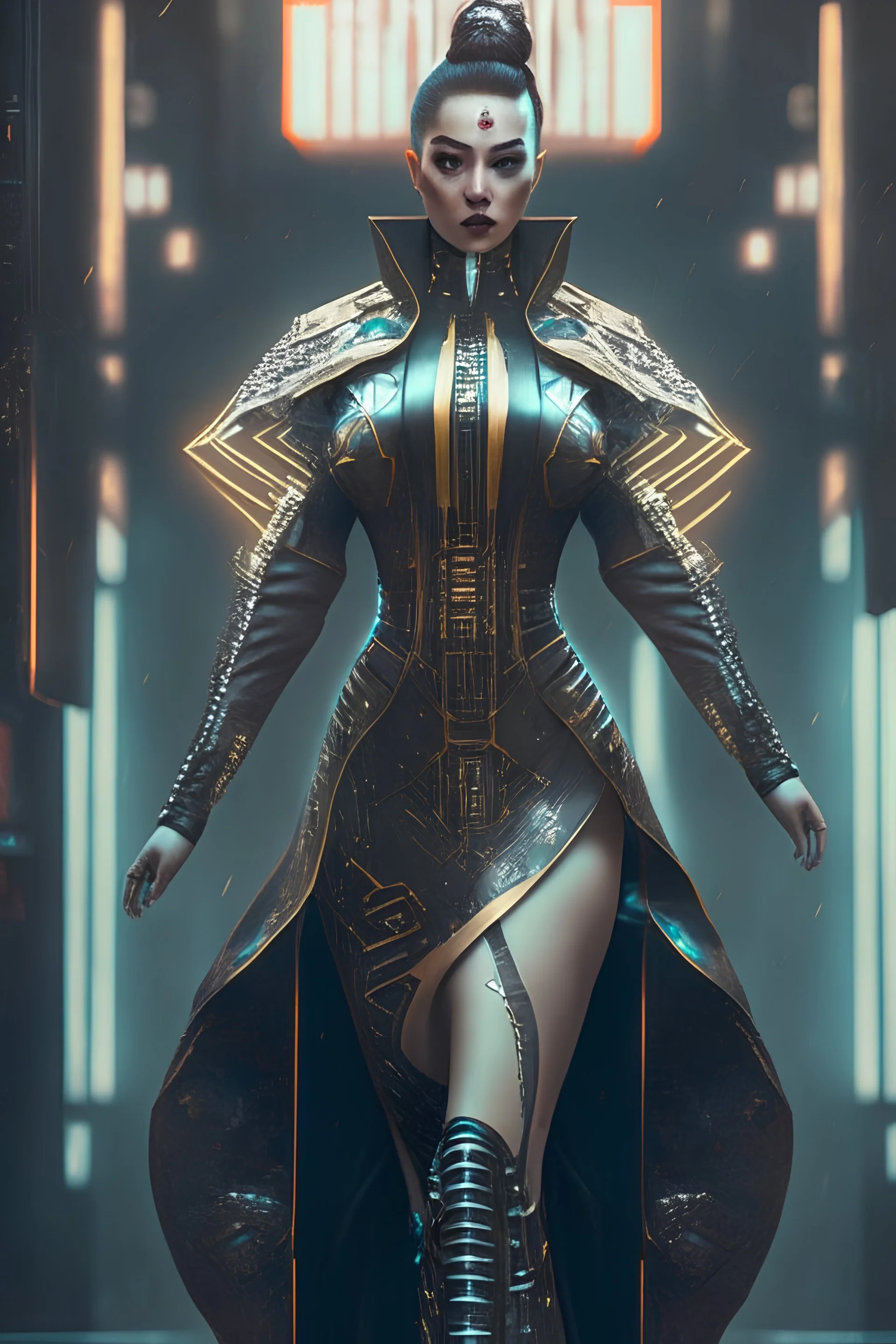 affluent caucasian female martial arts gown cyberpunk