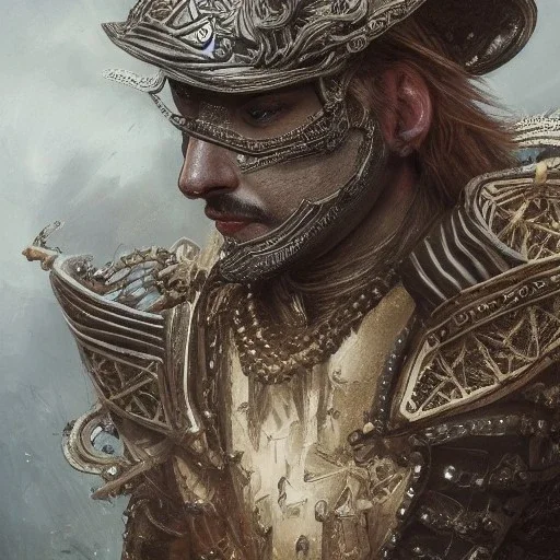 Insanely detailed photograph of an “portrait of an D&D Echo Knight ” with intricate half plate chest armor, intricate embroidered cowboy hat, handsomely clear face and hyperdetailed painting by Ismail Inceoglu Huang Guangjian and Dan Witz CGSociety ZBrush Central fantasy art album cover art,8K, hdr, romantic, mysterious, ominous, hands focused on a D20, jewelry, motivated