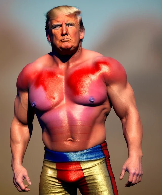 Realistic image of Donald trump wrestler, Mexican wrestling, tribal glow makeup, red and blue breeches, suspenders, retro style, 80s, red, gold, vibrant color, highly detailed, clean background, concept art, unreal engine 5, god rays, ray tracing, RTX, lumen lighting, ultra detail, volumetric lighting, 3d, finely drawn, high definition, high resolution.