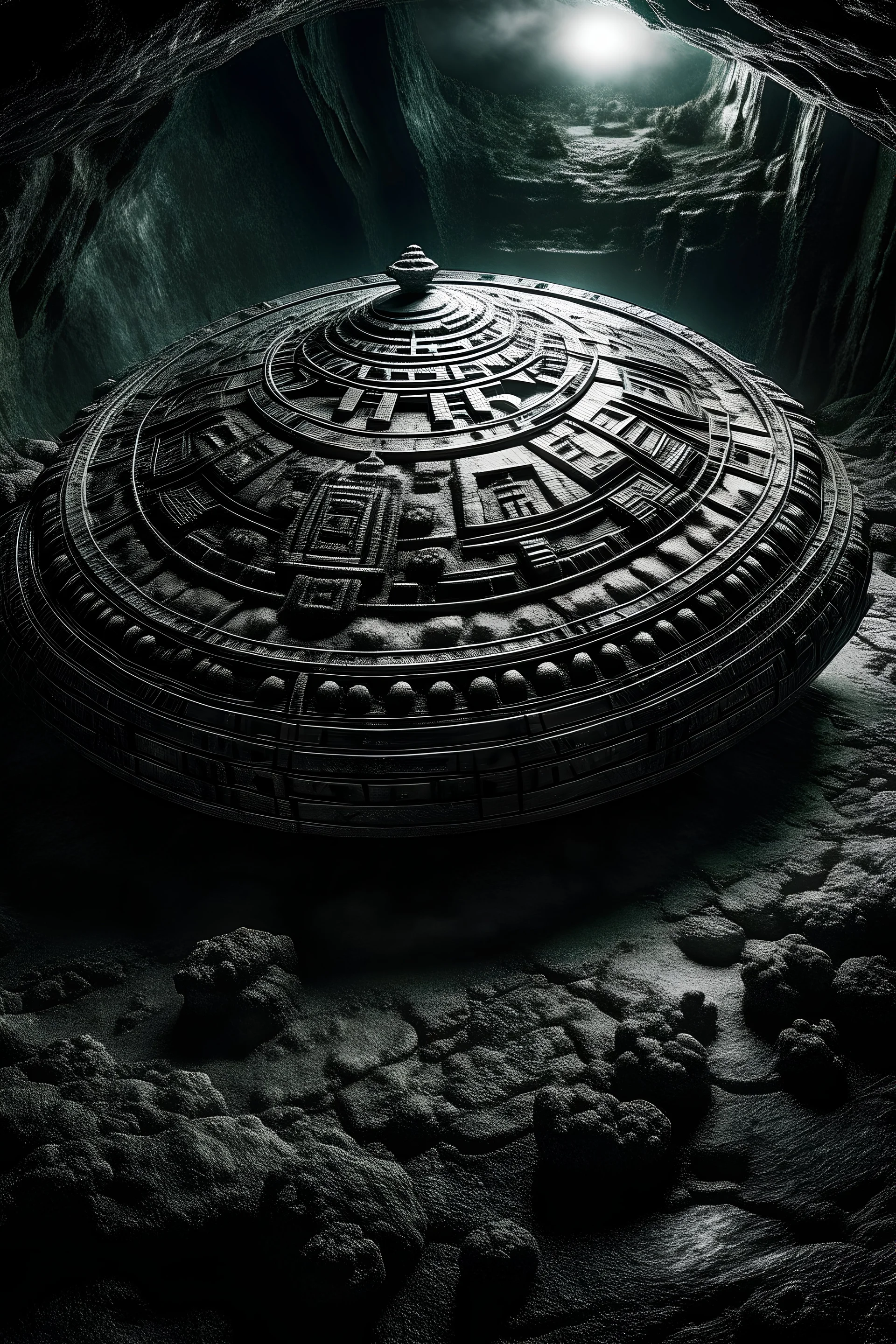 aztec simbol embeded on alien space craft that flies out a cave on the moon