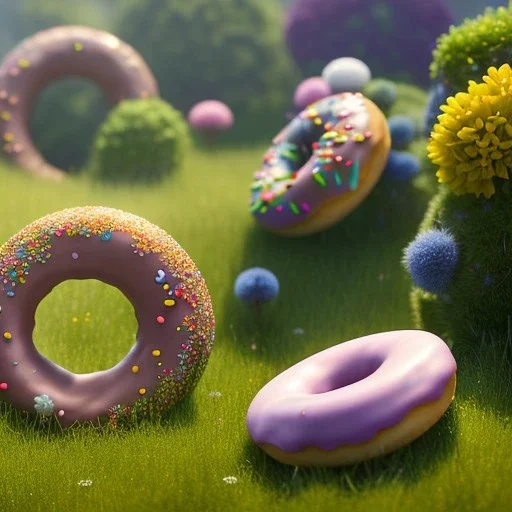 pixar style, volumetric summer garden environment and background, realistic painting of donuts, looking excited, volumetric lighting, dramatic lighting, detailed digital painting, extreme dense and fine fur, anime, ornate, colour-washed colors, elegant, small minutiae, tiny features, particulars, centered, smooth, sharp focus, renderman gofur render, 8k, uhd, detailed eyes, realistic shaded volumetric lighting, sunlight caustics, backlight, centered camera view